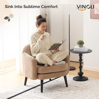 VINGLI 30.3" Wide Modern Barrel Accent Armchair with Track Armrest, Solid Wooden Legs, Comfy Upholstered Club Chair, Round Single Home Sofa for Living Room, Bedroom, Reading Room, Corduroy Khaki