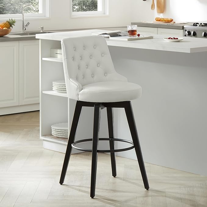 Watson & Whitely Bar Stools, 360° Swivel Upholstered Bar Stool with Back, 30" H Bar Height Barstools, Set of 2, Faux Leather in White