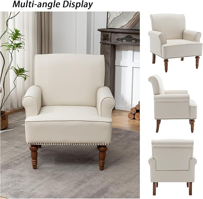 HOMEFLEX Accent Chair, Faux Leather Living Room Chairs with Nailhead Trim, Mid-Century Lounge Armchair with Solid Wood Legs, Comfy Reading Single Sofa for Bedroom, Waiting Room (White, 1 Chair)