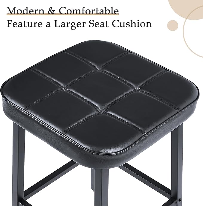 VECELO Modern Counter Height Bar Stools Set of 2, 24" PU Leather Upholstered Counter Stools with Metal Frame, Backless Square BarStools Bar Chairs for Kitchen Island, Black
