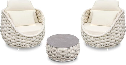 Front Porch Furniture Set 3 Piece: Aluminum Woven Rope Patio Conversation Sofa Set for 2 - Assembled Outdoor Deck Couch Armchair Set Cushions - for 400lb Balcony Pool Yard Bistro Hotel Lanai - Beige