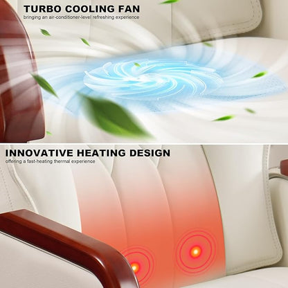 Kinnls Cameron Massage Chair Genuine Leather with Heated Ventilation, Managerial Executive Home Office Chair Fully Reclining with Retractable Footrest and Adjustable Headrest (Cowhide Leather-White)