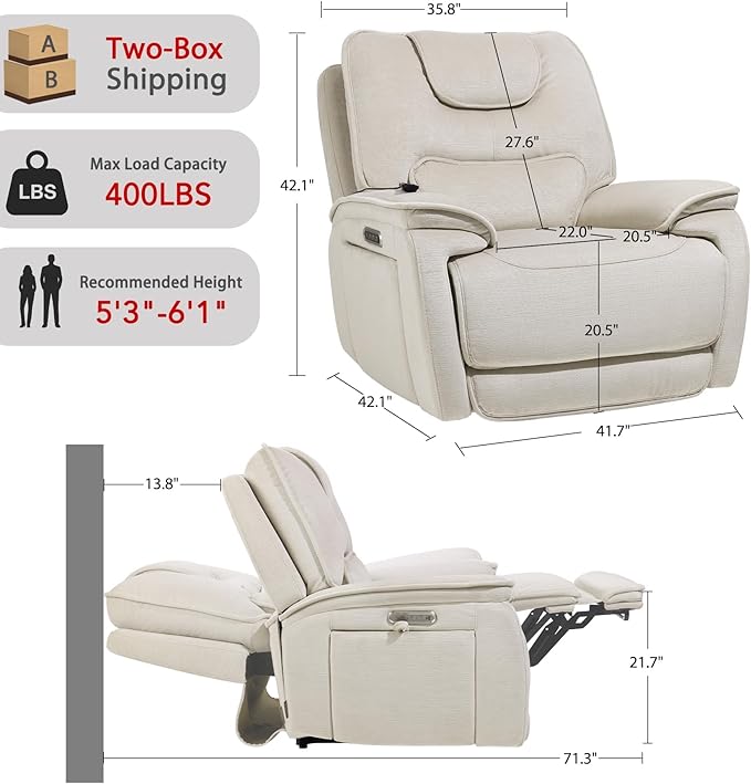 EONIX Triple Motor Lay Flat Zero Gravity Power Recliner Chair with Heat and Massage, Independent Adjustable Backrest Footrest Headrest, 400lbs Heavy Duty Medium Size, Stylish Chenille, Cream White