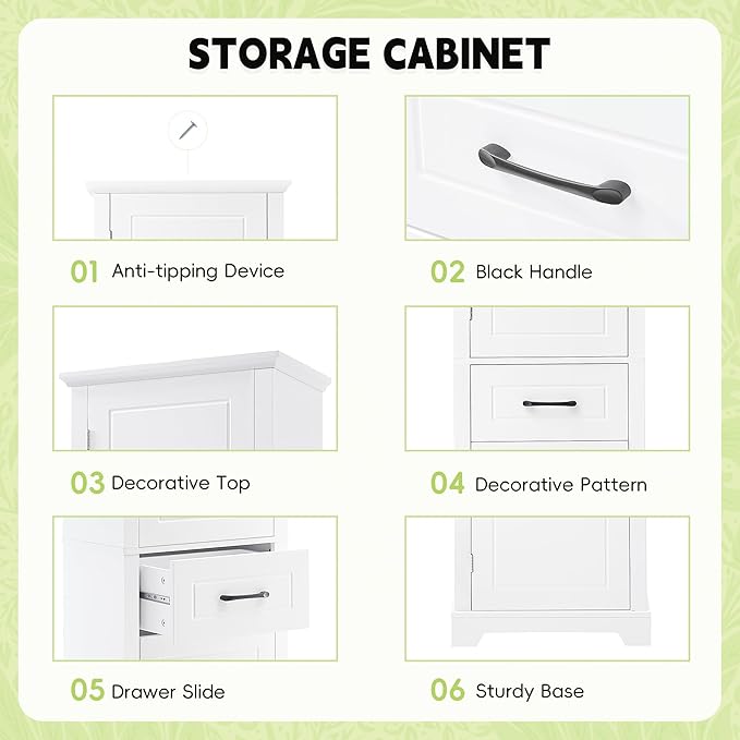 Bathroom Tall Storage Cabinet, Floor Freestanding Storage Cabinet with 2 Doors, One Drawer, Door Shelve Design, and Adjustable Shelf for Bathroom, Office, Multi-Use Organizer, White
