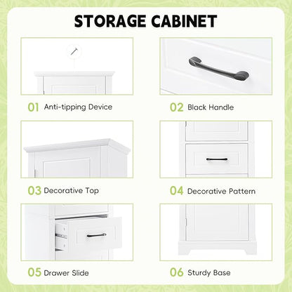 Bathroom Tall Storage Cabinet, Floor Freestanding Storage Cabinet with 2 Doors, One Drawer, Door Shelve Design, and Adjustable Shelf for Bathroom, Office, Multi-Use Organizer, White