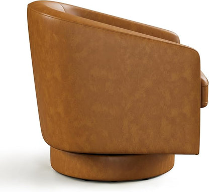 Swivel Barrel Accent Chair, Round Faux Leather Living Room Arm Chairs, Modern Upholstered Comfty Reading Nook Chairs for Bedroom, Small Club Armchair, Single Sofa Side Chair, Brown