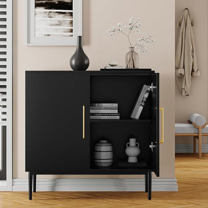 Modern Black Accent Storage Cabinet with Doors, Free Standing Wooden Buffet Sideboard for Bedroom, Kitchen, Home Office