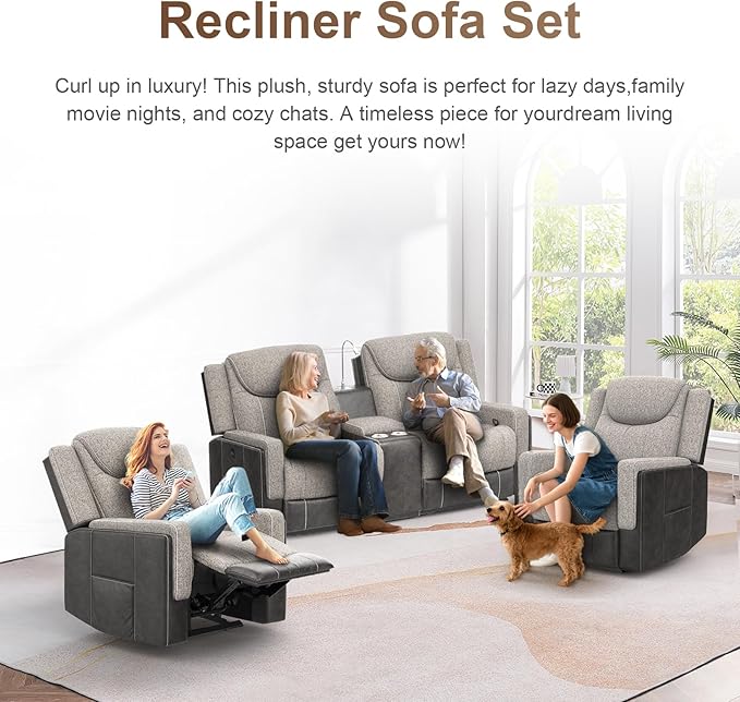 Living Room Furniture Set, Loveseat Recliner Sofa with Storage Console and 2 Oversize Recliner Chairs, Elegant Timeless Manual Reclining Couches for Living Room/RV (Grey, 2+1+1)