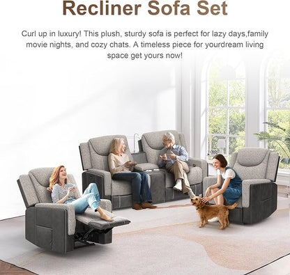 Living Room Furniture Set, Loveseat Recliner Sofa with Storage Console and 2 Oversize Recliner Chairs, Elegant Timeless Manual Reclining Couches for Living Room/RV (Grey, 2+1+1)