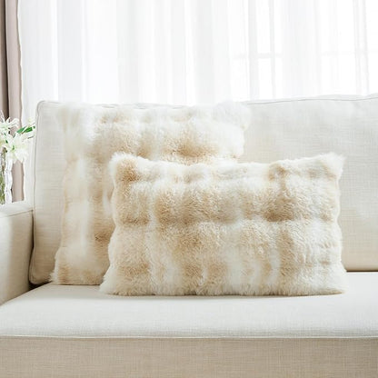 FUTEI Beige White Decorative Throw Pillow Covers 26x26 Inch Set of 2,Soft Fuzzy Faux Rabbit Fur Euro Pillow Shams with Raised Texture,Neutral Boho Home Decor for Couch Bed Living Room