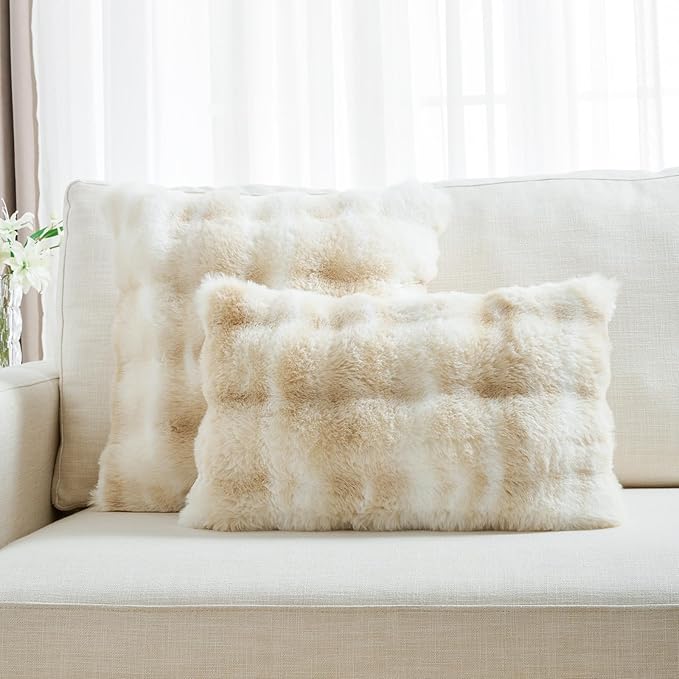 FUTEI Beige White Decorative Throw Pillow Covers 20x20 Inch Set of 2,Soft Fuzzy Faux Rabbit Fur Cushion Covers with Raised Texture,Neutral Boho Home Decor for Couch Bed Living Room