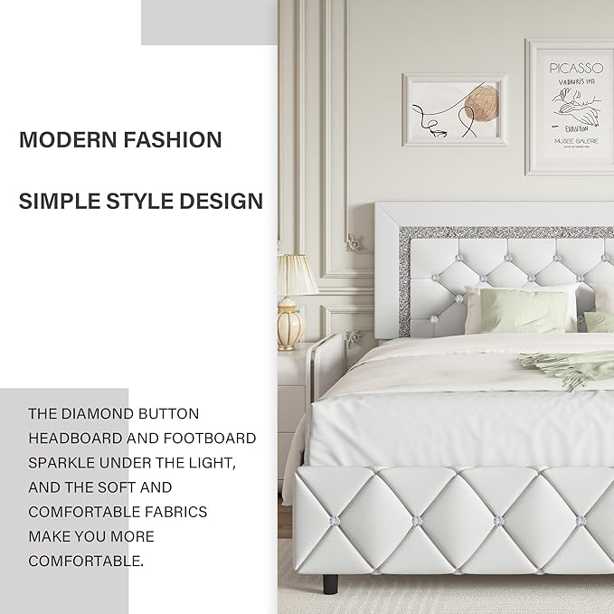 BarnFurin Twin Size Bed Frames, Upholstered Platform Bed with Button Tufted Headboard, Princess Platform Bed with Diamond Design, Wooden Slats Support, No Box Spring Required, Easy Assembly, White