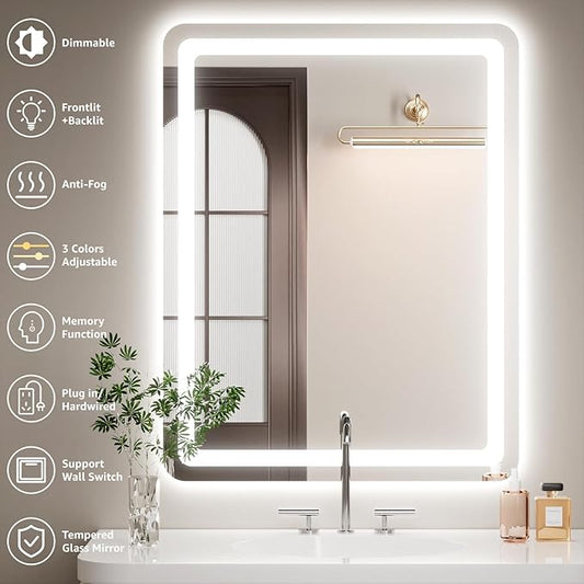 20"L x 28"W Led Bathroom Mirror with Lights, Anti-Fog & Tri-Color Lighting - Wall Mounted Shaving Mirror with Touch Sensor, Waterproof & Smart LED Vanity Mirror,Tempered Glass, Dimmable Smart Mirror