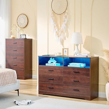 LIDYUK Dark Cherry Dresser for Bedroom, 6 Drawer Dressers & Chests of Drawers, Modern Wood Dresser with Charging Station and LED Lights, 48 Inches Wide Chest of Drawers for Bedroom, Living Room