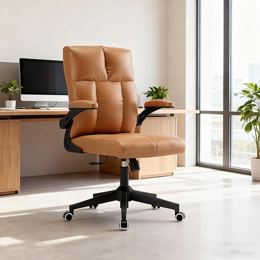 Ergonomic Office Desk Chair with Space Saving Flip-Up Arms, 360° Swivel & Reclining Back, High-Back Executive Chair in Soft Faux Leather for Office&Study (Brown)