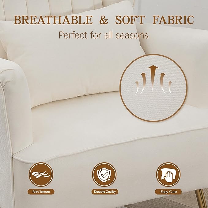 Fabric Accent Living Room Arm Chair with Pillow & Golden Legs, 8.5" Thick Cushion, Mid Century Modern Wingback Chairs Upholstered Comfy Sofa Armchair for Reading Room/Bedroom, White
