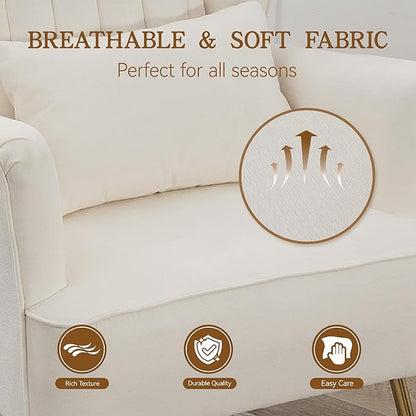 Fabric Accent Living Room Arm Chair with Pillow & Golden Legs, 8.5" Thick Cushion, Mid Century Modern Wingback Chairs Upholstered Comfy Sofa Armchair for Reading Room/Bedroom, White