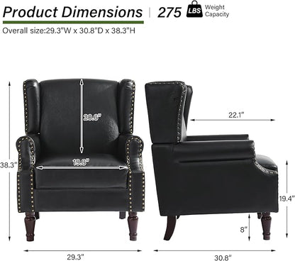 Accent Chair, Upholstered High Back Armchair with Nailhead Trim & Wood Legs, Comfy Wingback Reading Single Sofa Chair for Small Spaces, Living Room, Bedroom, Leather Black, Set of 2