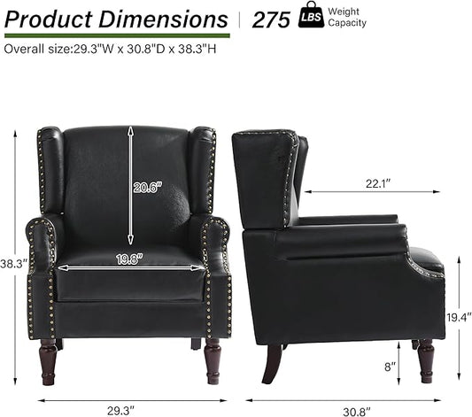Accent Chair, Upholstered High Back Armchair with Nailhead Trim & Wood Legs, Comfy Wingback Reading Single Sofa Chair for Small Spaces, Living Room, Bedroom, Leather Black, Set of 2