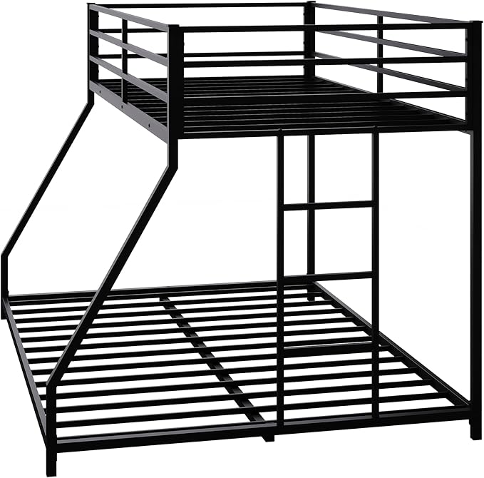 Bellemave Twin Over Full Bunk Bed Frame with Convertible Ladder, Heavy Buty Floor Bunk Bed Twin Over Full Bunk Beds with Full Length Guardrail, Black