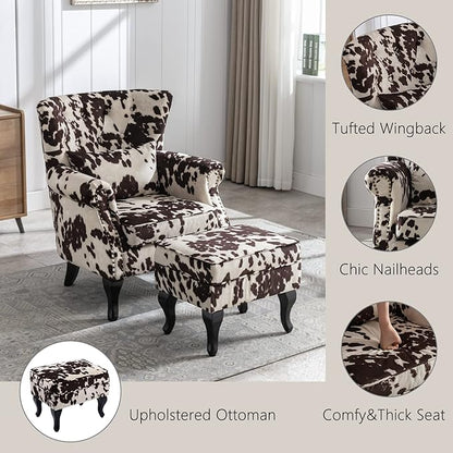 Mid Century Modern Accent Chair Upholstered Armchair Comfy Velvet Tufted Wingback Single Sofa with Ottoman for Bedroom Living Room, Cow