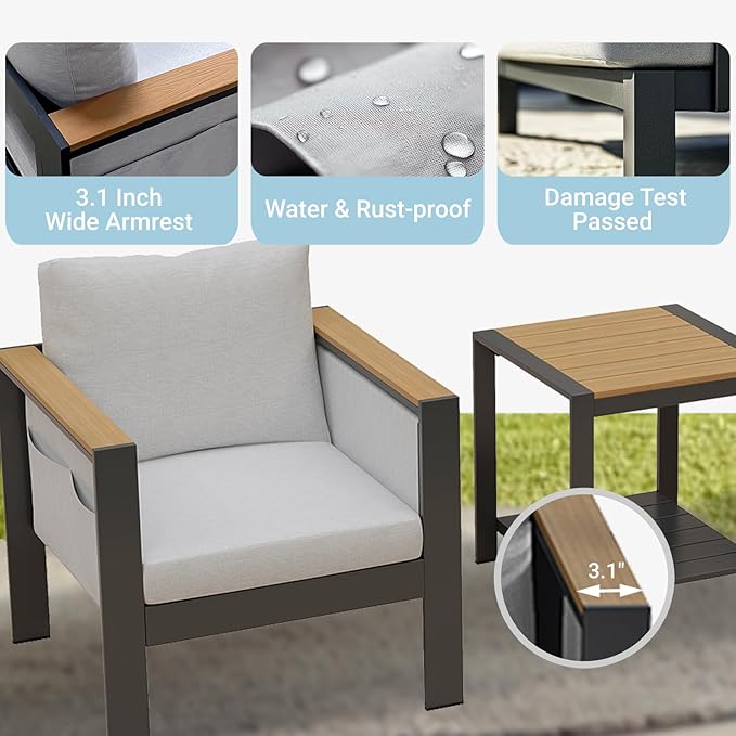 Corinth 3-Piece Aluminum Patio Conversation Set - Outdoor, Porch, Balcony, Yard, Gardern, All Weather, 2 Comfortable Sofa and 1 Coffee Table, White