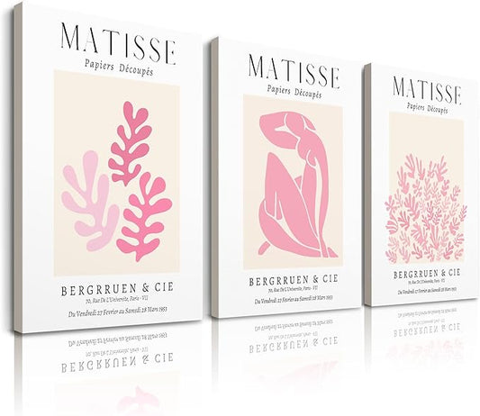 HesenDot Framed Matisse Pink Wall Art Set of 3,Minimalist Wall Decor,12x16IN Canvas Prints,Boho Cute Art Poster Home Decoration for Bathroom Bedroom