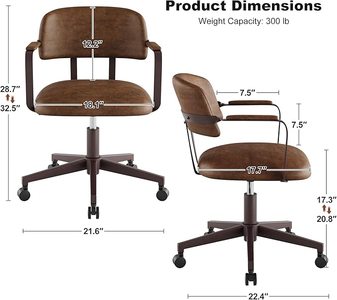 Home Office Desk Chair, Mid-Century Style Desk Chair with Padded Arms, Adjustable Seat Height, Mid Back 360° Small Computer Chair with Mobile Mute Wheel, PU Leather (Brown)