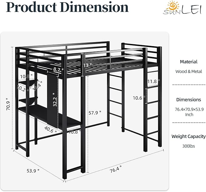 SUNLEI Metal Loft Bed Frame with Desk, Full Size Loft Bed with 2 Built-in Ladders & Safety Guard, Noise Free for Small Bedroom, Classic Black