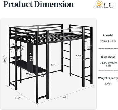 SUNLEI Metal Loft Bed Frame with Desk, Full Size Loft Bed with 2 Built-in Ladders & Safety Guard, Noise Free for Small Bedroom, Classic Black