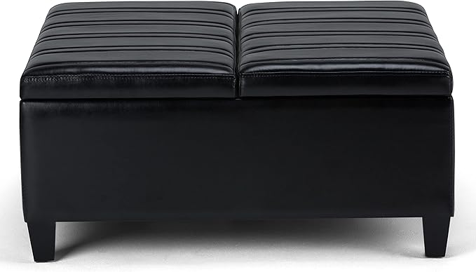 SIMPLIHOME Ellis 36 inch Wide Contemporary Square Coffee Table Storage Ottoman in Midnight Black Vegan Faux Leather, Assembled, For the Living Room and Bedroom