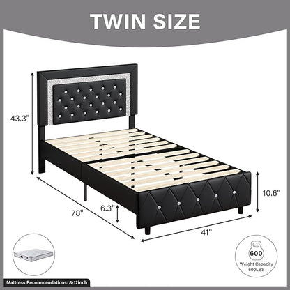 BarnFurin Twin Bed Frame with Headboard, Upholstered Bed with Diamond Tufted Design, Kids Bed Frame with Wooden Slats Support, No Box Spring Required, Easy Assembly, Black