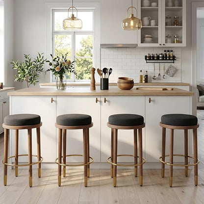 26'' Rustic Backless Bar Stools Set of 2, Counter Height Chairs With Hardwood Legs, Round Kitchen Island Stools, Farmhouse Charcoal Linen Upholstered Wood With Footrest