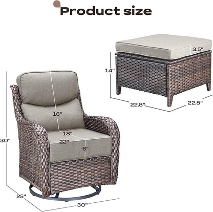Rilyson Wicker Outdoor Patio Furniture Set - 4 Piece Patio Conversation Set with Swivel Rocker Chairs and Ottomans, 6 inch Cushions, High Back, Deep Seating, for Porch Deck Garden Brown/Beige