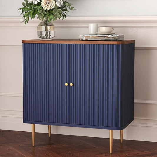 HLR Sideboard Buffet Cabinet with Fluted Texture, Blue Accent Cabinet with 2 Doors, Modern Credenza Storage for Kitchen Living Room, Entryway (Blue, 1 Piece)