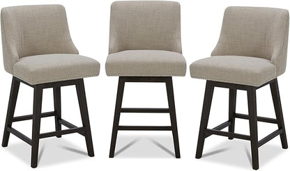 CHITA Counter Height Swivel Bar Stools Set of 3, FSC Certified Upholstered Counter Stools, Modern Swivel Barstools with Wood Legs for Kitchen Island, 26" Seat Height, Fabric in Tan
