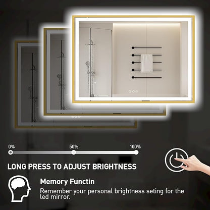 55X36 Inch Led Bathroom Mirror,Frontlit and Backlit Lighted Mirror,Gold Metal Frame Vanity Mirror for Wall,Double Lights Strips,Anti Fog Stepless 3 Colors Temperature & Dimmable