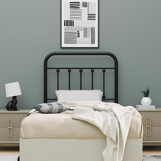 Vintage Twin Size Metal Bed Frame Height Adjustable Headboard Only, Wrought Iron Black Farmhouse Bed Frame Headboard, Easy Assembly, Short Clearance, Tall or Low Setting