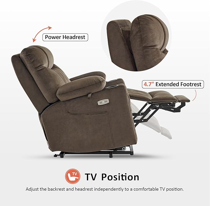 MCombo Small Size Triple Motor Power Lift Recliner Chair Sofa with Massage and Dual Heating, Adjustable Headrest for Elderly People Petite, USB Ports, Extended Footrest, Fabric 7222 (Coffee)