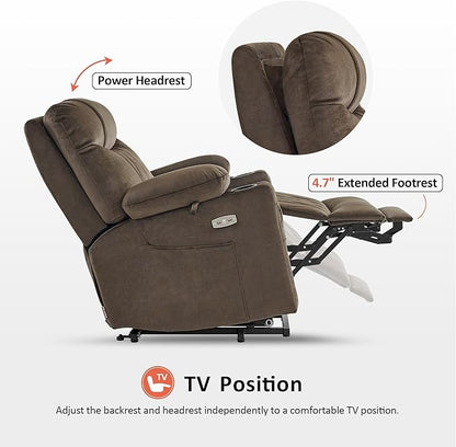MCombo Small Size Triple Motor Power Lift Recliner Chair Sofa with Massage and Dual Heating, Adjustable Headrest for Elderly People Petite, USB Ports, Extended Footrest, Fabric 7222 (Coffee)