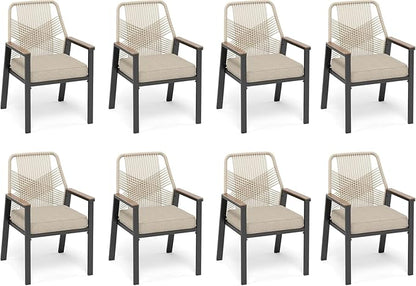 Patio Dining Chairs Set of 8, Heavy-Duty Woven Rope Outdoor Chairs with Waterproof Cushion and Wrought Iron Frame, All-Weather Outside Seating for Kitchen Garden Deck Backyard