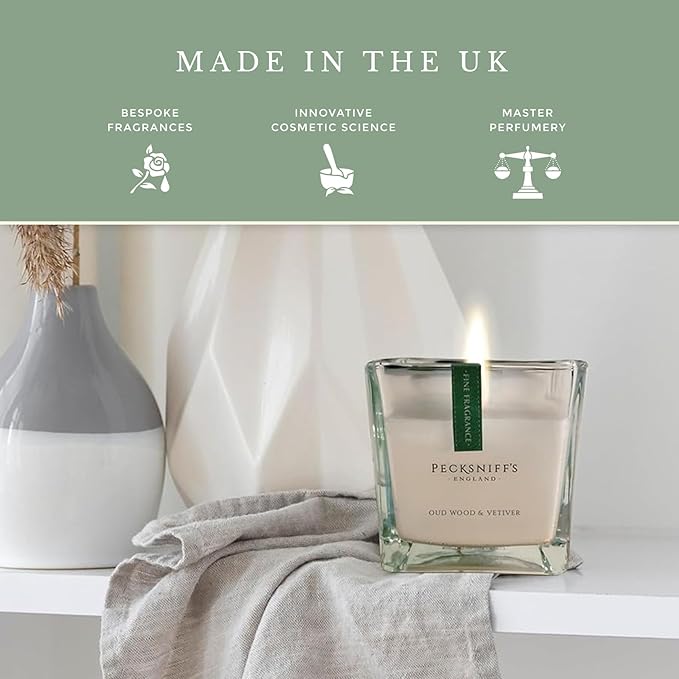 Pecksniff's Prestige 1 Wick Square Candle, Oudwood & Vetiver - Luxurious Blend of Citrus, Florals, and Precious Woods - 190g Sophisticated Home Decor and Fragrance - 6.7 oz