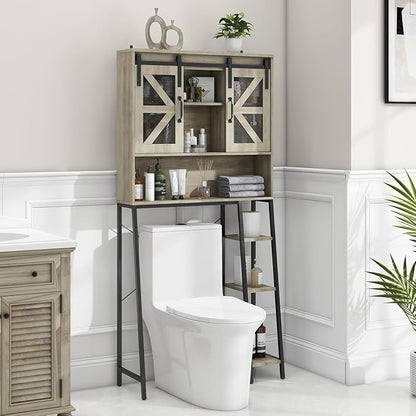 Over The Toilet Storage Cabinet, Farmhouse Storage Cabinet Over Toilet with Sliding Barn Door，Home Space-Saving Toilet Rack, for Bathroom, Restroom, Laundry(Grey).