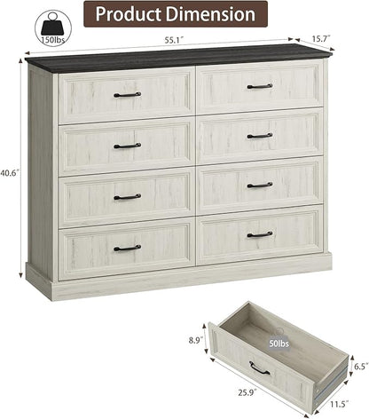 CARPETNAL Farmhouse 8 Drawer Dresser for Bedroom, 55 Inch Wide Modern White Dresser TV Stand with Large Drawers & Bar Handles, Rustic Wood Chest of Drawers for Bedroom, Living Room, Hallway, Entryway.