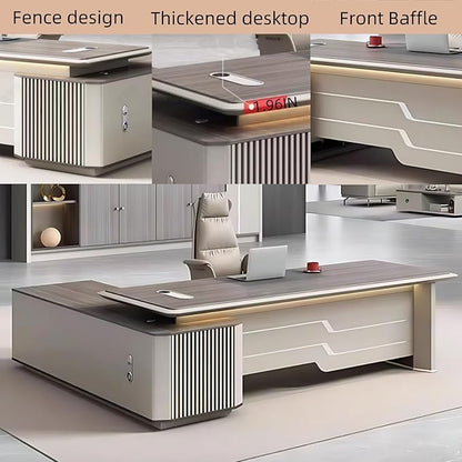 78IN Executive Office Desk - Large Office Desk L Shaped Computer Desk with 2 Drawers & Grille Design | Thickened Countertop & Large Capacity Side Cabinet Storage & Metal Cabinet Handle