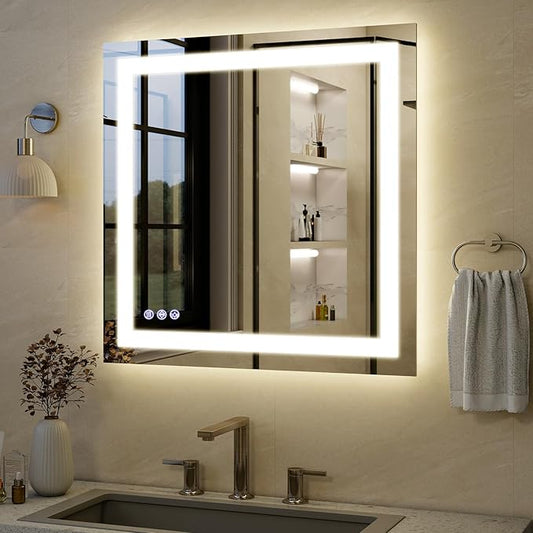 VooBang Bathroom Mirror with Lights 40 x 40 inches - 3 Adjustable Lighting Modes LED Bathroom Vanity Mirror, Anti-Fog, Memory Function, Tempered Glass, Wall Mounted Horizontally Vertically