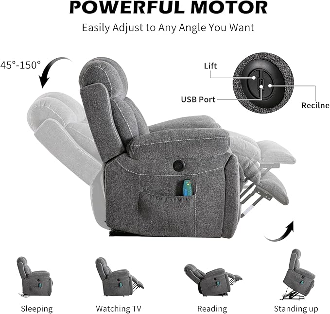 Large Power Lift Recliner Chair with Massage and Heat for Elderly, Wide Padded Recliner with 2 Cup Holders, Side Pocket & USB Charger(1, Dark Gray)