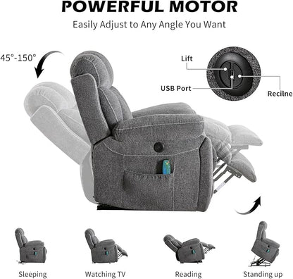 Large Power Lift Recliner Chair with Massage and Heat for Elderly, Wide Padded Recliner with 2 Cup Holders, Side Pocket & USB Charger(1, Dark Gray)