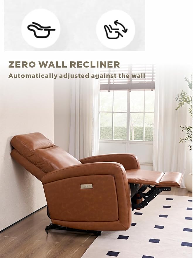 Power Recliner Chairs for Living Room,Wall Hugger Recliners with Power Headrest Type-C Charger, Leather Electric Recliner Chair for Adult, Brown