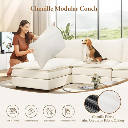 Vesgantti 142" U Shaped Sectional Couch, Comfy Cloud Modular Sectional Sofa with 2 Ottoman Deep Seat Chenille Modern Cloud Sofa, Modular Sofas for Living Room, Bedroom and Apartment, Snow White